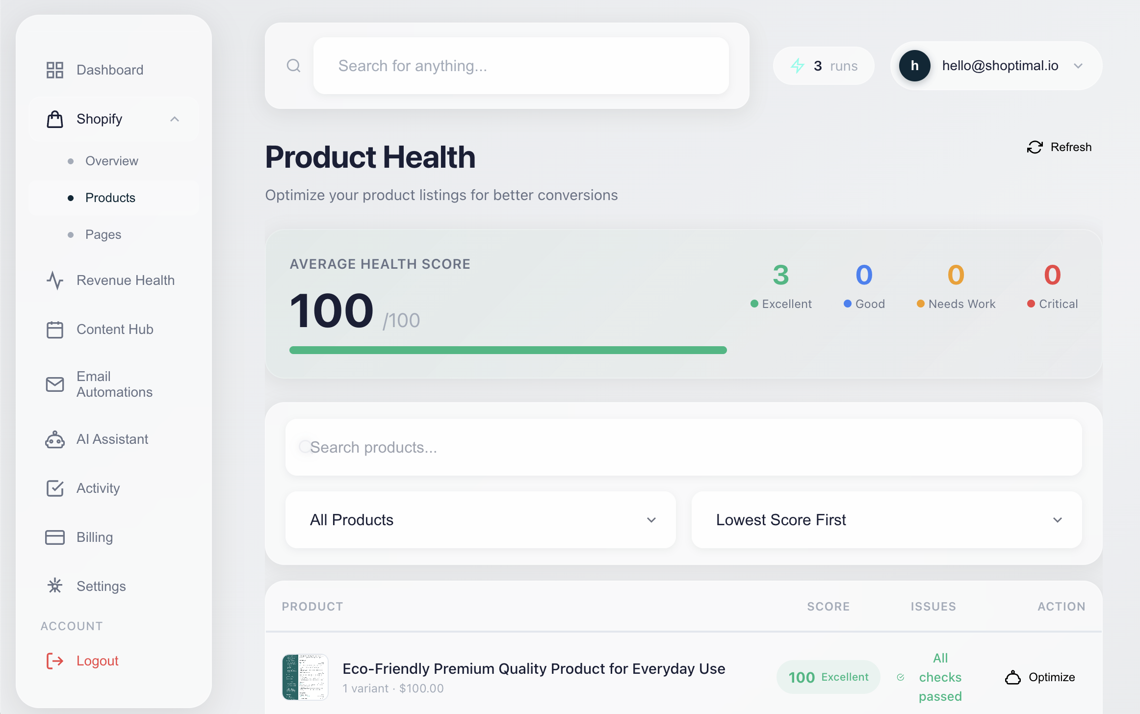 Shoptimal dashboard showing product health scores and store analytics