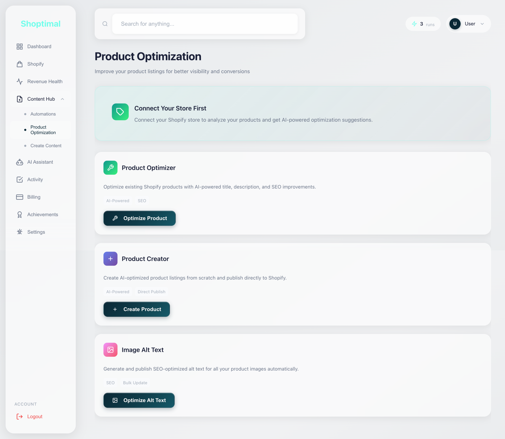 Shoptimal content optimization dashboard
